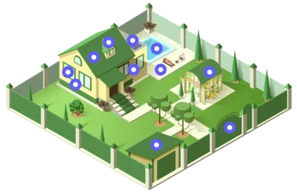 Maison avec jardin, piscine, garage et clôture vue en 3D, ponctuée de repères