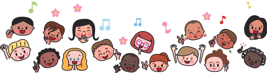 Frise illustrée de visages d'enfants souriants entourés de fleurs et de notes de musique