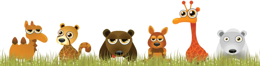 Frise illustrée d'animaux dans l'herbe : dromadaire, guépard, ours, kangourou, girafe et ours blanc