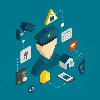 Illustration d'un agent entouré de pictogrammes de sécurité : caméra, clés, cadenas, alarme et maison