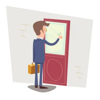 Illustration d'un démarcheur en costume, mallette à la main, frappant à une porte