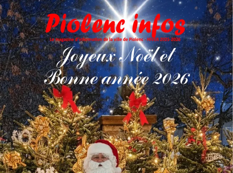 Couverture du magazine Piolenc Infos : père Noël devant des sapins décorés